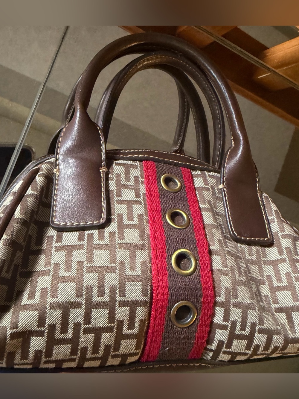Vintage Tommy Hilfiger Brown Patterned Canvas Satchel with Red Stripe - Picture 3 of 7